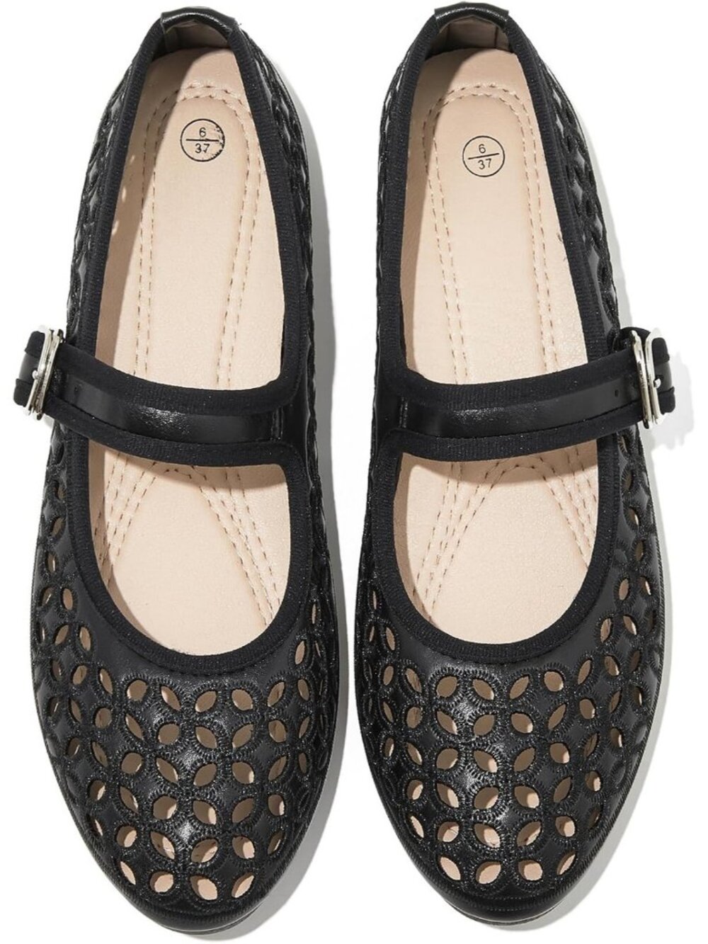 Women's Black Faux Leather Round Toe Adjustable Buckle Strap Flat Slip On Shoes